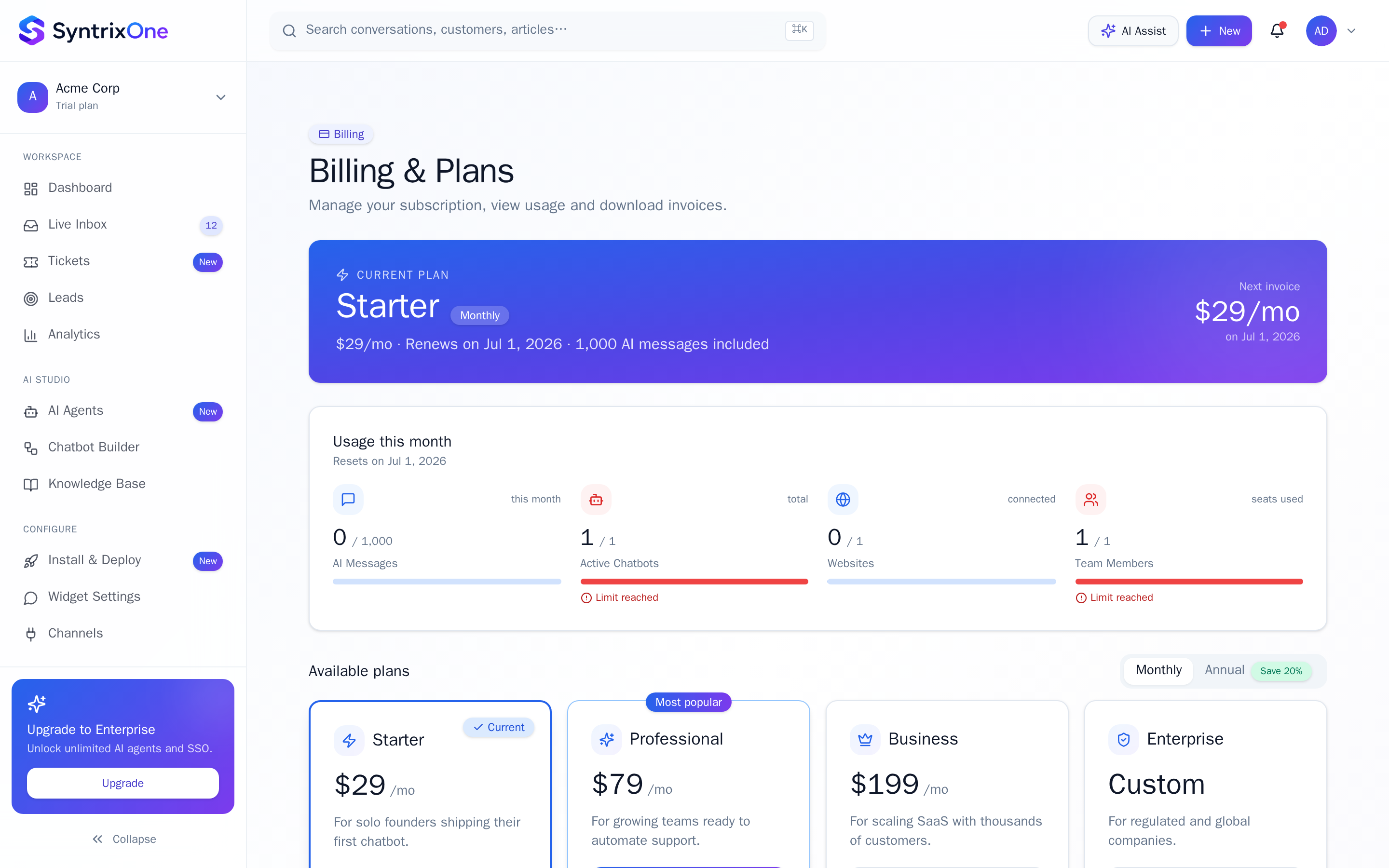 Live screenshot: Open Billing