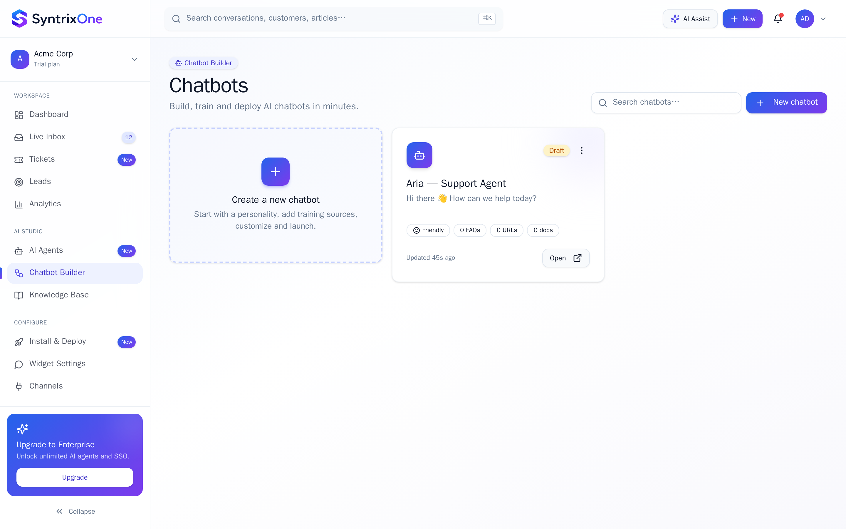 Live screenshot: Open the Chatbot Builder