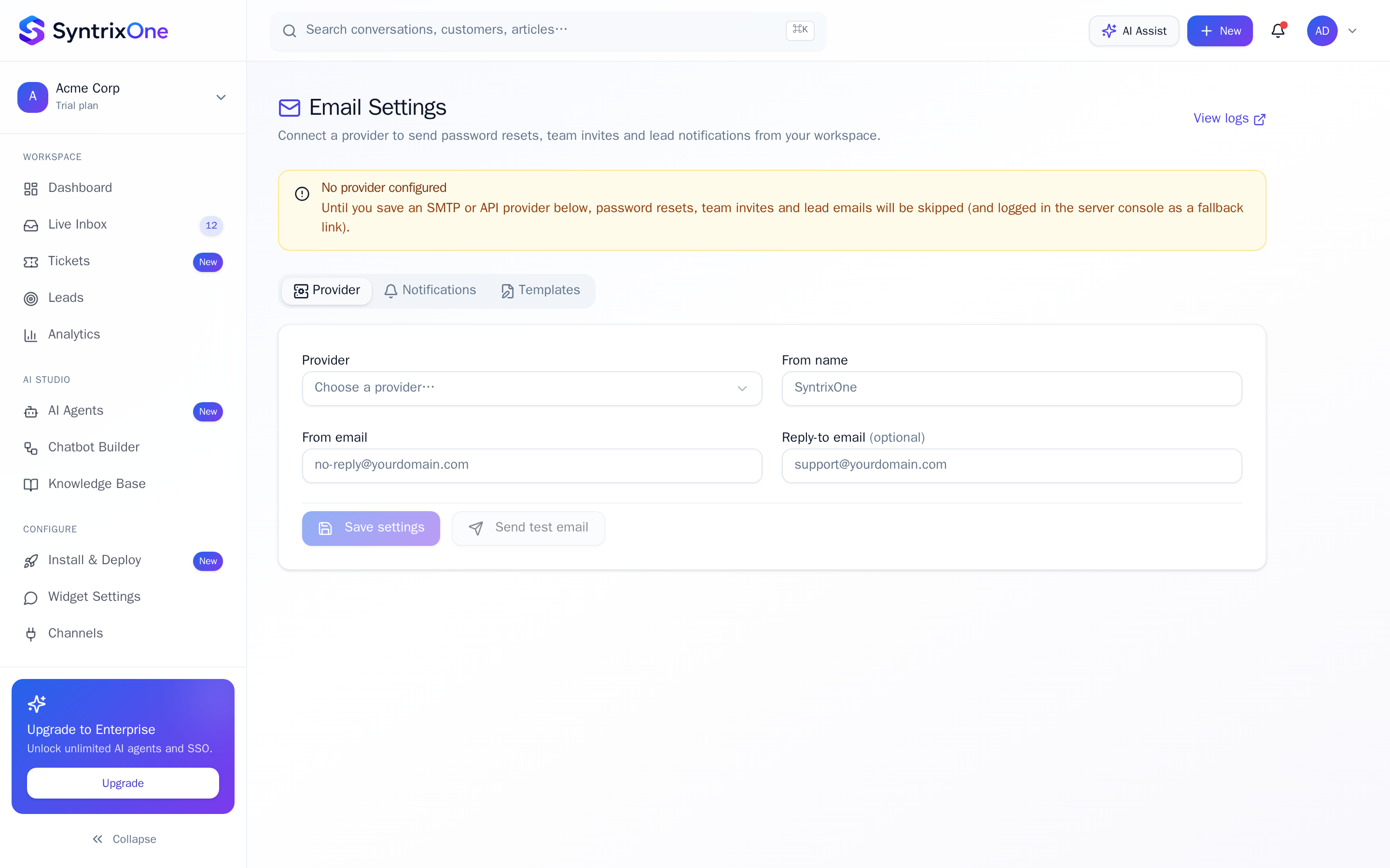 Live screenshot: Open Email Settings
