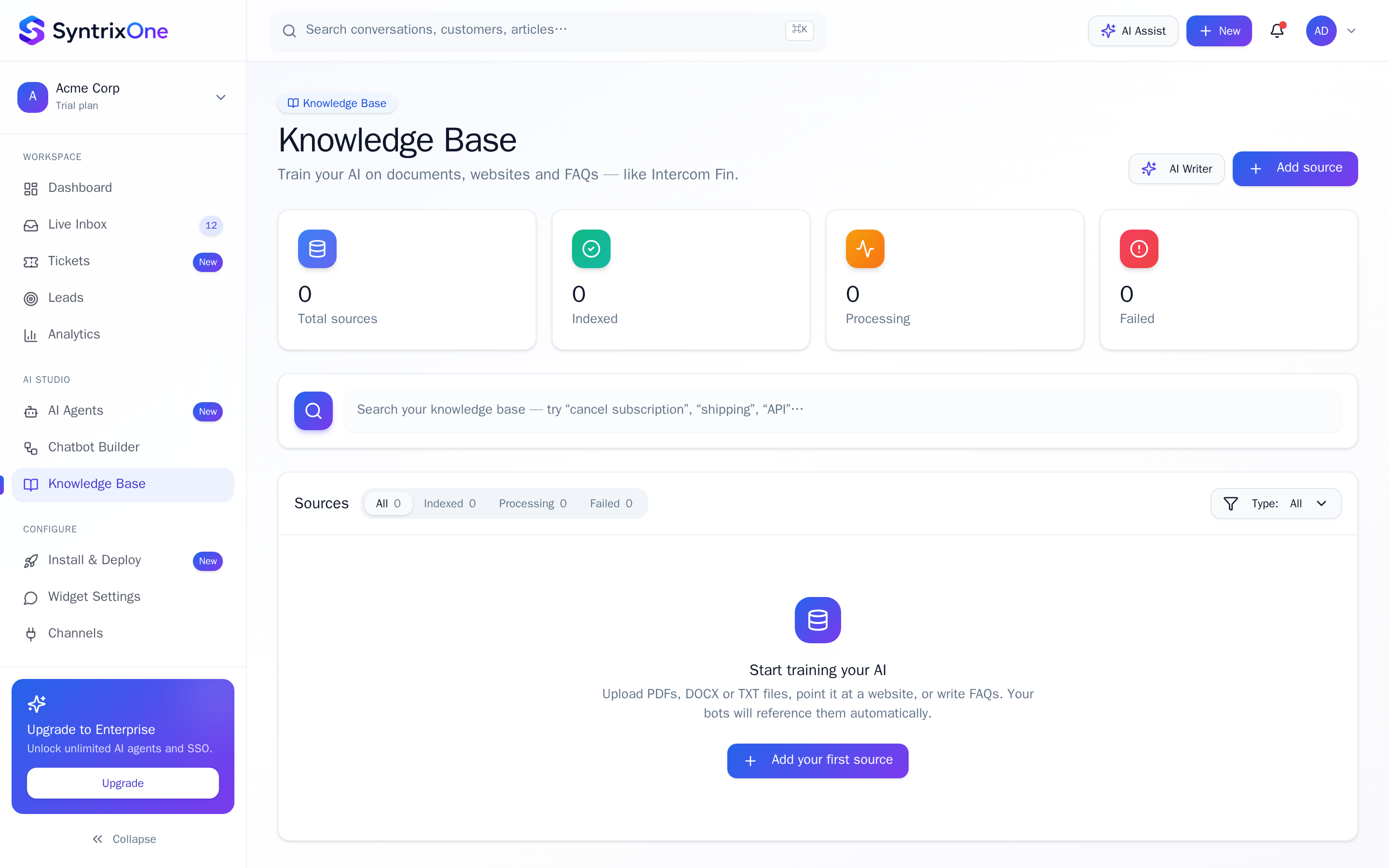 Live screenshot: Connect a knowledge source