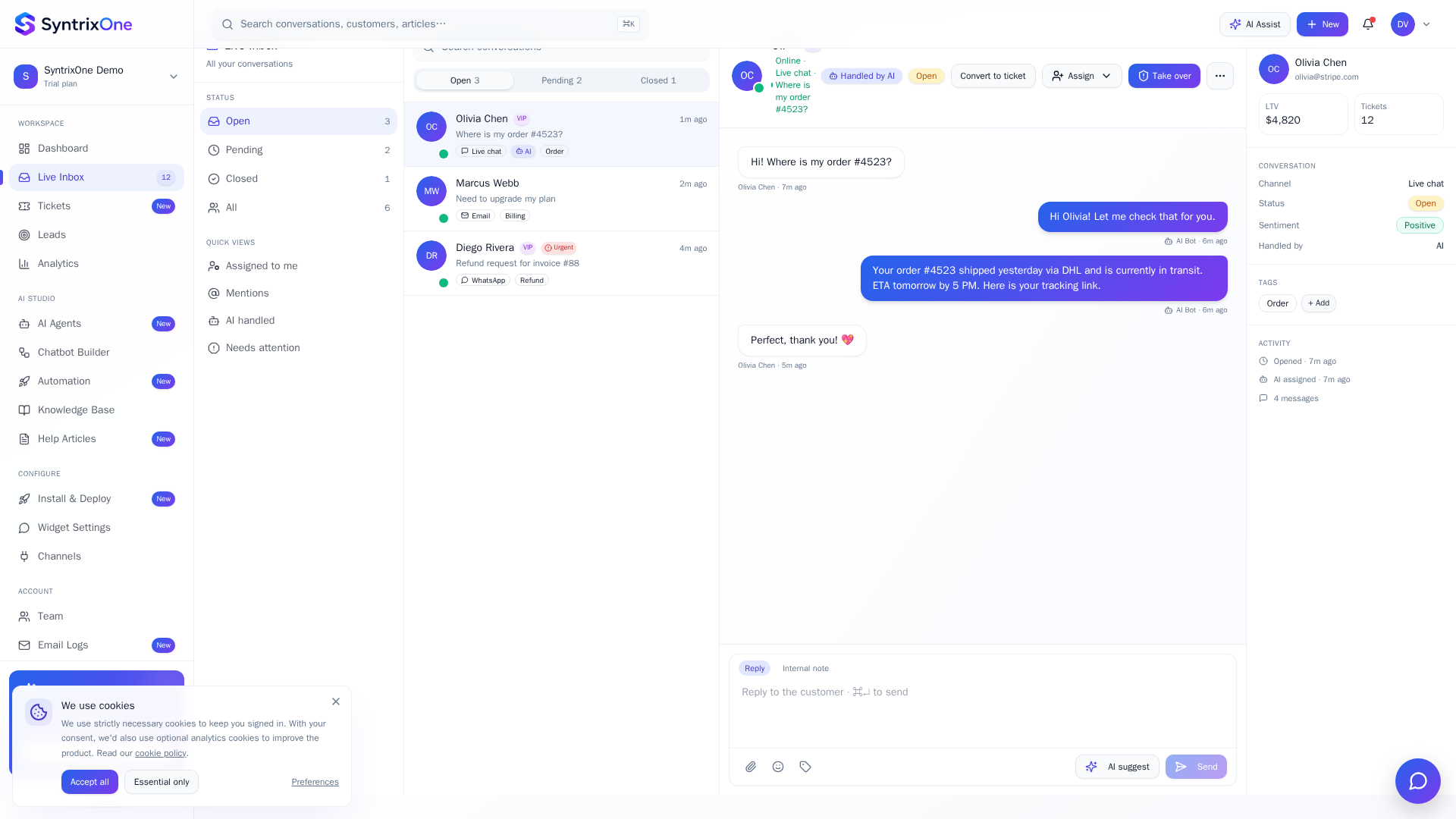 Shared inbox with open and pending conversations