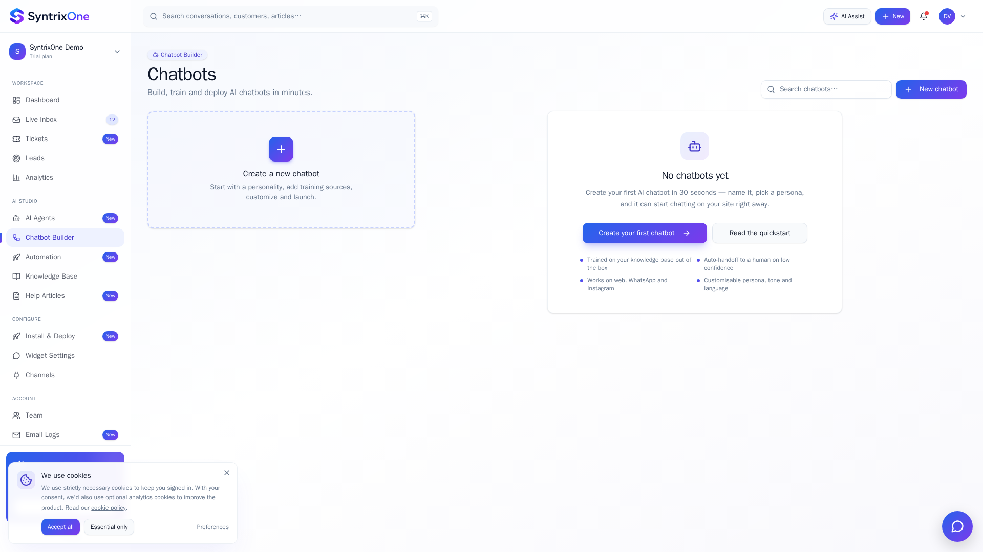 AI chatbot builder with three configured bots